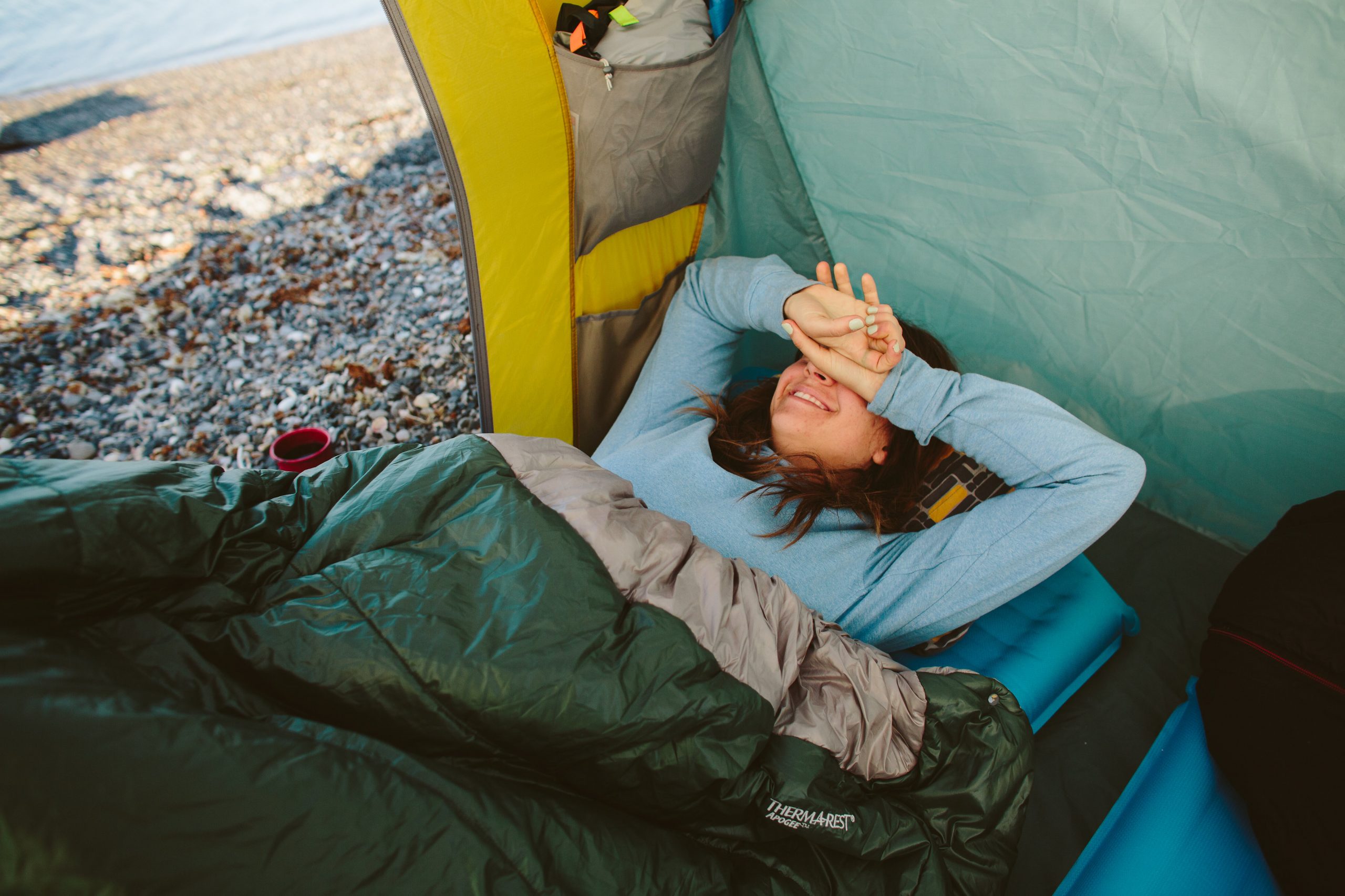 sleeping in camping tent