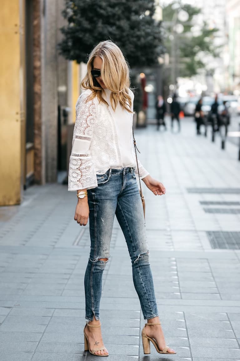 Nude block heels with pair of jeans