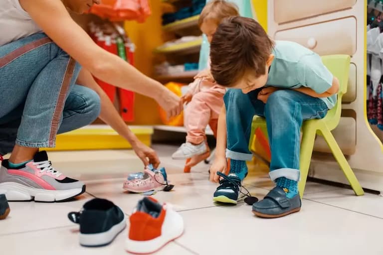 a kid trying on sneakers