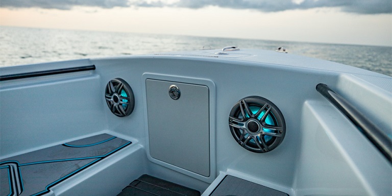 two speakers on a boat